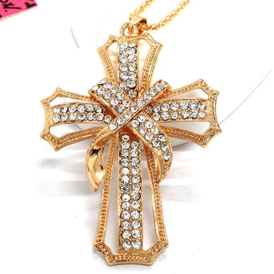 Betsey Johnson Cross Necklace with Clear Crystals