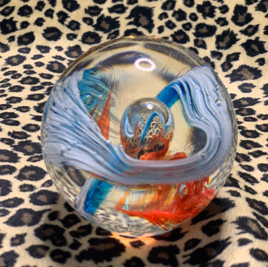 Blue & Salmon Swirl Glass Paperweight