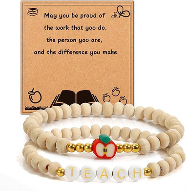 Teacher Bracelets - Set - Wooden Beads (Apple & Teach)
