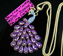 Betsey Johnson Rhinestone and Purple Enamel Peacock Necklace