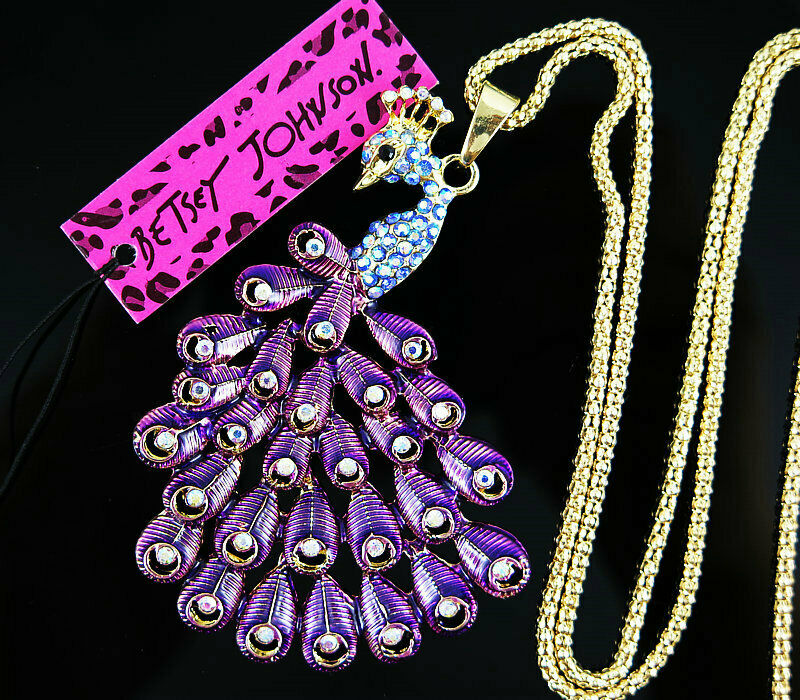 Betsey Johnson Rhinestone and Purple Enamel Peacock Necklace