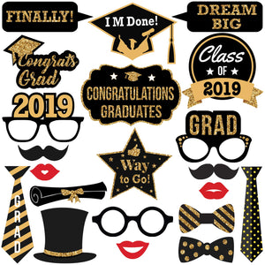 Photo Booth Props - Graduation Theme - Gold Glitter - Class of 2019