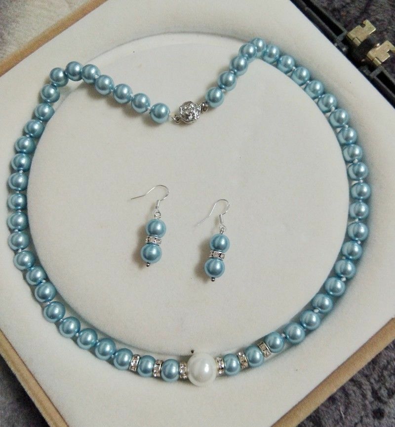 Light Blue South Sea Shell Pearl and Crystal Necklace and Earring Set