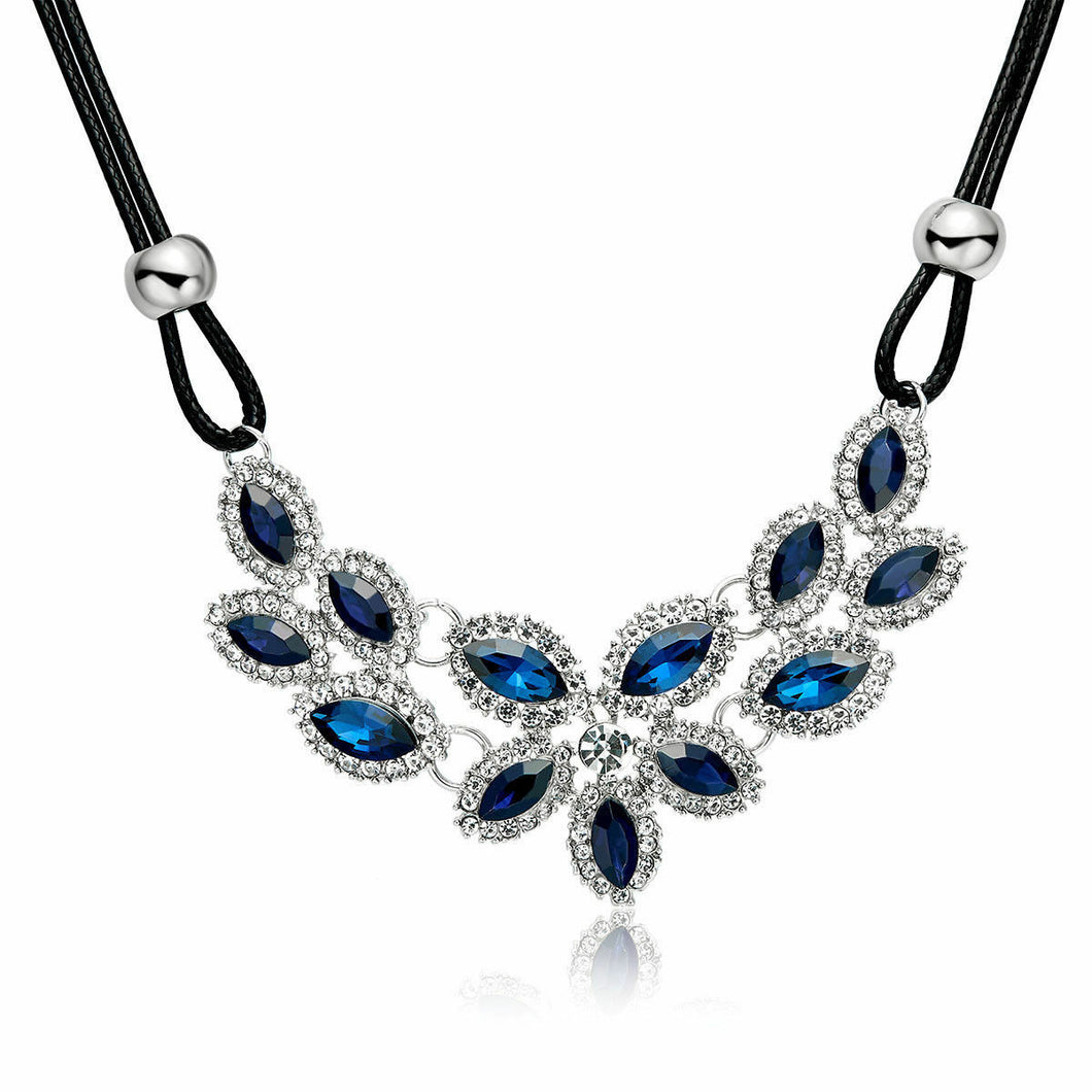 Blue Rhinestone Floral Leather Corded Necklace