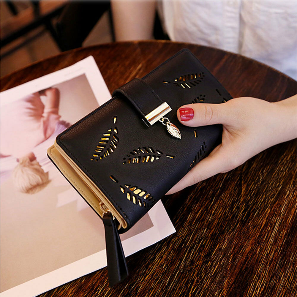 Black PU Leather Wallet with Leaf Charm