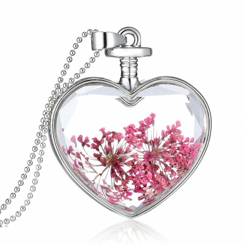Glass Heart with Pink Pressed Flowers