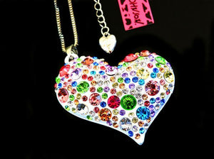 Betsey Johnson White Heart Necklace/Brooch with Colored Rhinestones