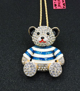 Betsey Johnson Bear Necklace with Blue and White Striped Shirt