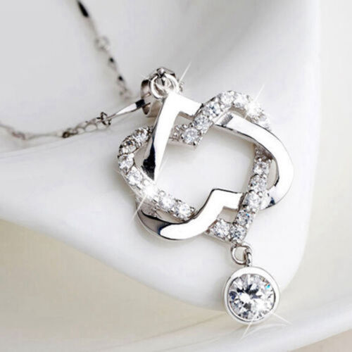 Double Heart Crystal Silver Plated Necklace