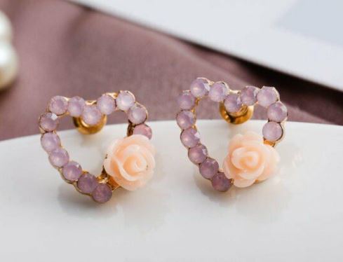 Milky Pink Rhinestone Heart with inset Rose Earrings