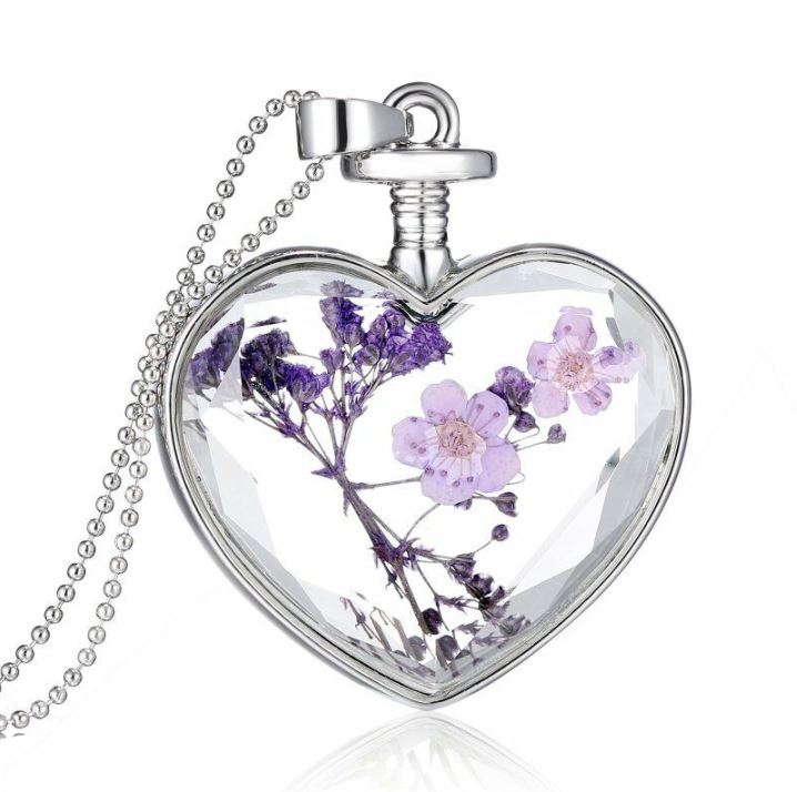 Glass Heart with Purple Pressed Flowers