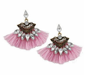 Pink Tassel and Rhinestone Earrings