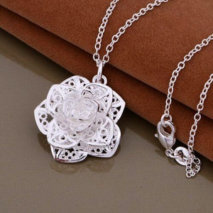 3D Silvertone Rose Necklace