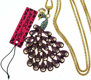 Betsey Johnson Rhinestone and Purple Enamel Peacock Necklace
