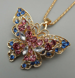 Betsey Johnson Butterfly Necklace/Brooch with Pink, Blue and White Crystals