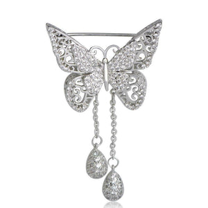 Butterfly with Tasels - White Gold Filled CZ Brooch