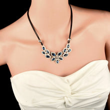 Blue Rhinestone Floral Leather Corded Necklace