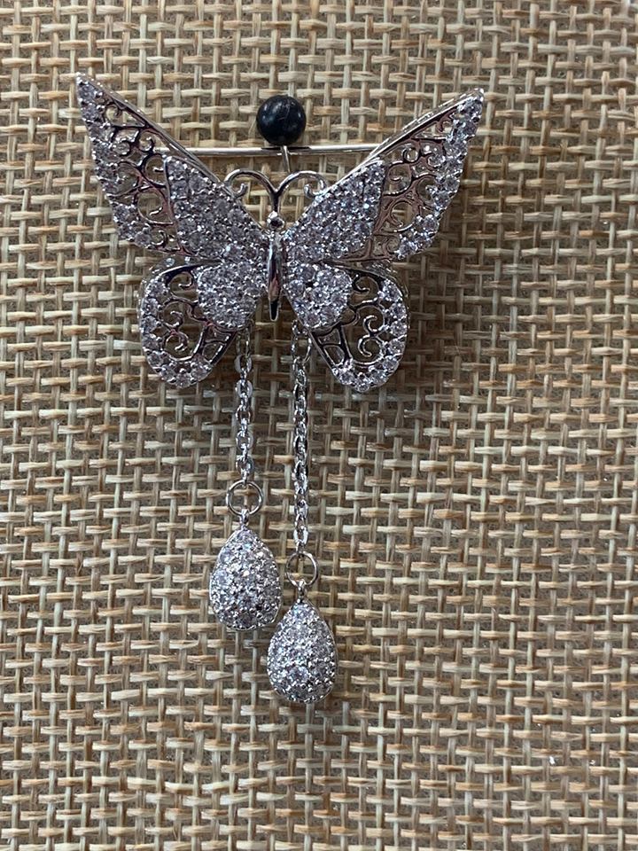 Butterfly with Tasels - White Gold Filled CZ Brooch