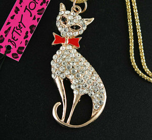 Betsey Johnson Rhinestone Cat with Red Bow Necklace