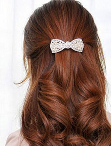 Crystal & Pearl Bow Barrette - Silver or Gold Tone