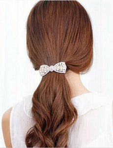 Crystal & Pearl Bow Barrette - Silver or Gold Tone