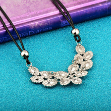 Blue Rhinestone Floral Leather Corded Necklace