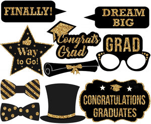 Photo Booth Props - Graduation Theme - Gold Glitter - Class of 2019