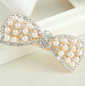 Crystal & Pearl Bow Barrette - Silver or Gold Tone