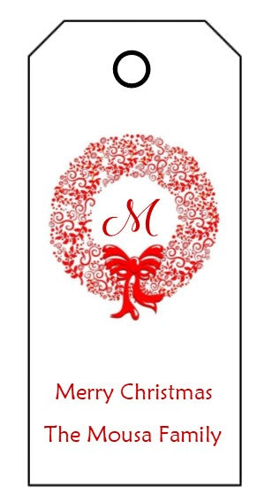 Enclosure Cards/Gift Tags - Merry Christmas & Wreath with Initial (set of 24)