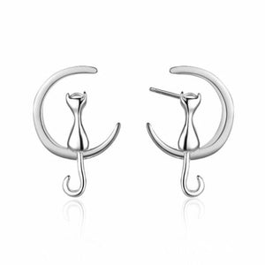Cat and Moon Earrings - Silver or Gold/Silver