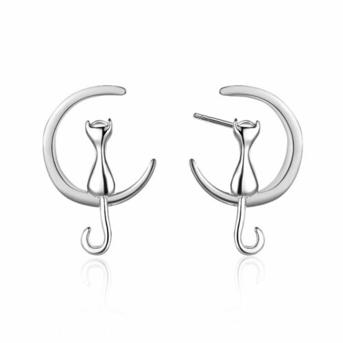 Cat and Moon Earrings - Silver or Gold/Silver