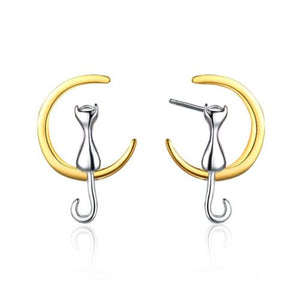Cat and Moon Earrings - Silver or Gold/Silver