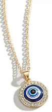 Evil Eye Necklace - Round - Rhinestone Surround - Gold or Silver