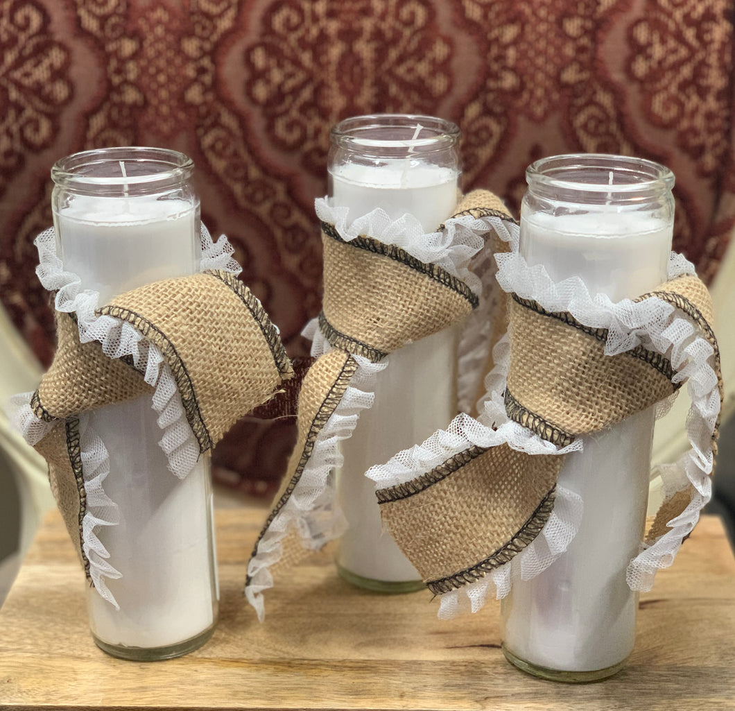 Set of 3 - 8” Unscented, Burlap Ribboned Candles