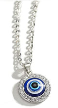 Evil Eye Necklace - Round - Rhinestone Surround - Gold or Silver